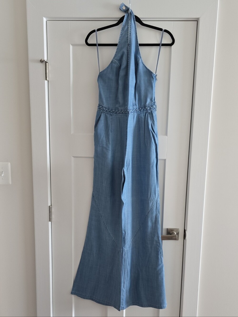 Guess Light Blue Denim-Look Halter Jumpsuit with Coral Accent&Butterfly Wide Leg